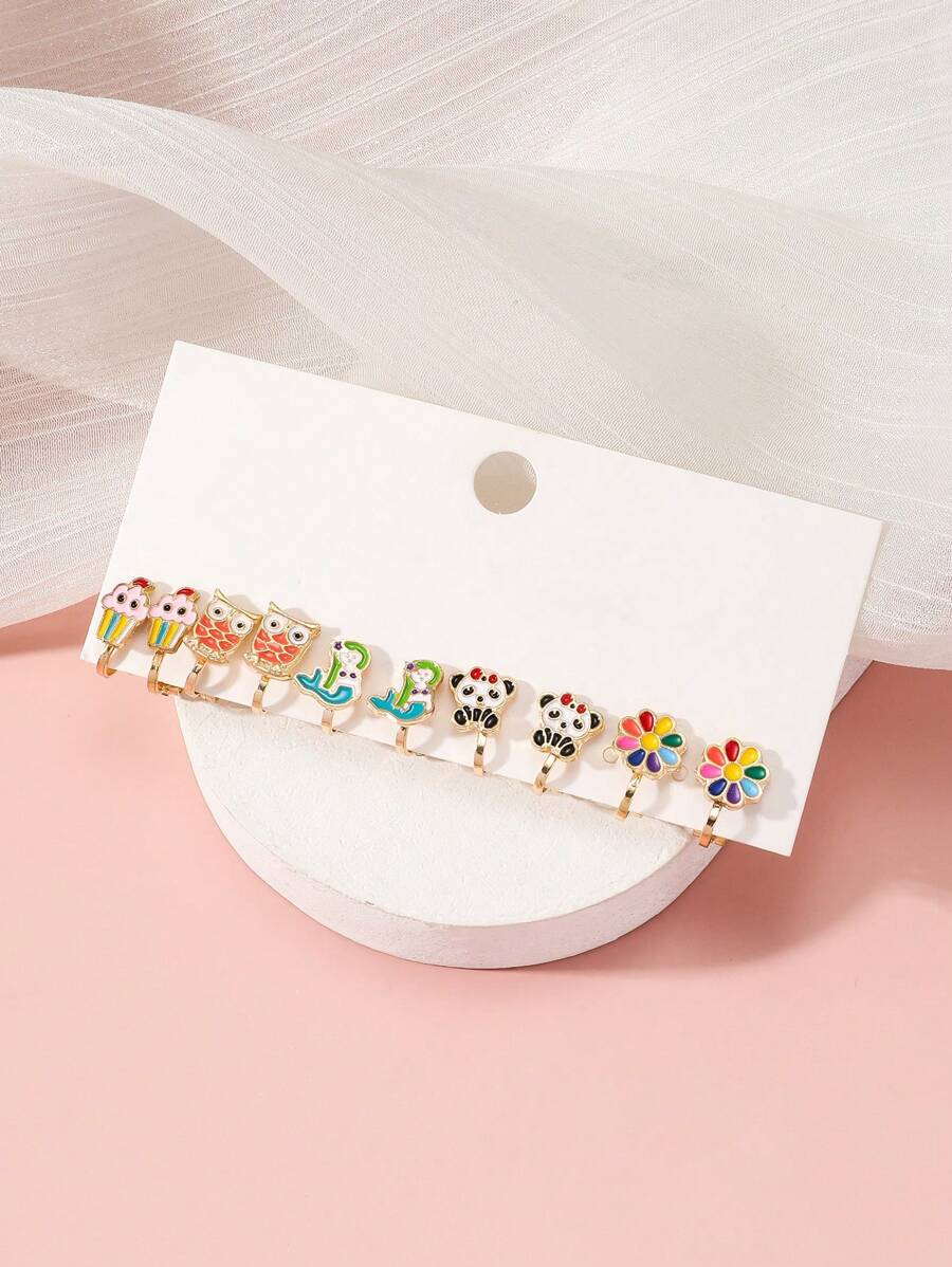 簡約可愛的動物、美人魚、熊、熊貓、花卉設計髮夾套裝,適合女士日常佩戴 - 彩色 - 查看 1