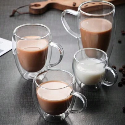 1 st. Dubbel Glas Koppar Med handtag Genomskinlig Espressokaffe Koppar Stor Mjölk Juice Kaffe Minimalist Glas Vatten Koppar Dryck Presenter
