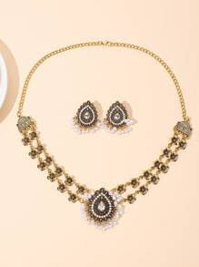 3pcs/Set Vintage Bohemian Style Droplet & Pearl String & Tassel Dangle Earrings, Necklace And Ring, European And American Elegant - White - View 2