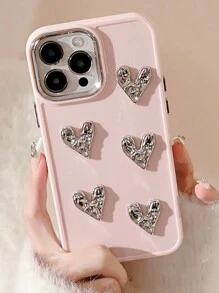 Electroplated Button Handmade Diy Folded Heart Phone Case Waterproof Shockproof Anti-Fall Scratch Resistant - Pink - View 5