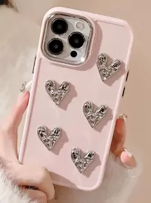 Electroplated Button Handmade Diy Folded Heart Phone Case Waterproof Shockproof Anti-Fall Scratch Resistant - Pink - View 4