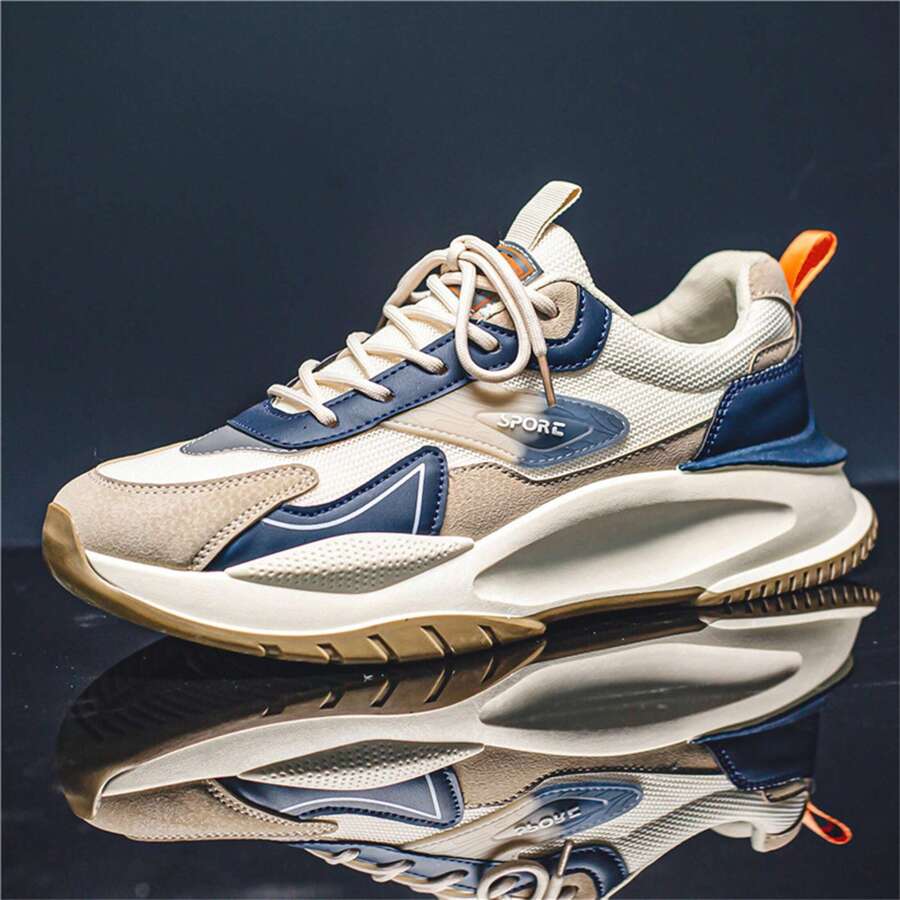 厚底透气系带圆头耐用男士休闲运动鞋跑步鞋厚实厚实运动鞋，春/秋 - 卡其色 - 查看 1