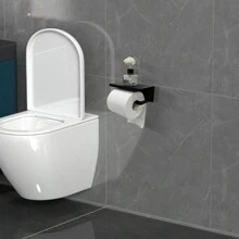 1pc Stainless Steel Toilet Paper Holder With Shelf, Wall Mounted Black Bathroom Tissue Roll Holder, Modern Style - Black - View 2