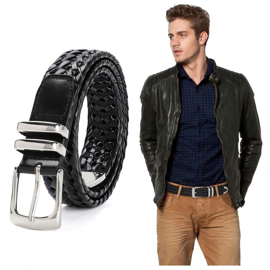 1入純色男士雙層皮革簡約通用腰帶,適用於牛仔褲和西裝 - 黑色 - 查看 1