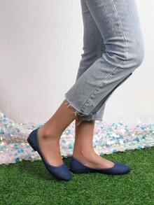 女性舒適柔軟鞋底輕便便鞋,春秋通勤風格,休閒丹寧面料 - 藏蓝色 - 查看 2