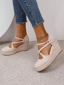 Women's Sexy Fashionable & Comfortable Woven Wedge Sandals With Thick Crossed Bottom - Apricot - View 3
