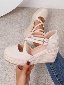 Women's Sexy Fashionable & Comfortable Woven Wedge Sandals With Thick Crossed Bottom - Apricot - View 5