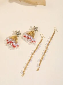 1對復古時髦波西米亞與異國風格耳夾和垂墜耳環,帶有珍珠、鑽石和鈴鐺裝飾 - 紅色 - 查看 2