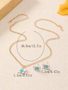 可愛的動物和蝴蝶卡通多色項鍊,1個垂墜耳環,1對,派對生日禮物,包裝在心形盒子裡,珠寶套裝,適合幼女 - 彩色 - 查看 6