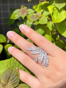 1pc Leaf Shaped Cuff Ring With Shiny Cubic Zirconia Stone, Adjustable, Ideal For Women's Party Jewelry