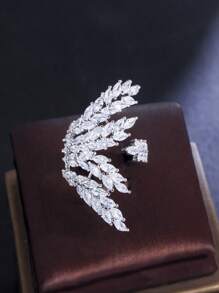1pc Leaf Shaped Cuff Ring With Shiny Cubic Zirconia Stone, Adjustable, Ideal For Women's Party Jewelry