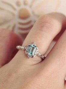 1枚女孩優雅藍色立方氧化鋯戒指,適用於兒童生日禮物、派對珠寶及日常裝飾 - 銀色 - 查看 4