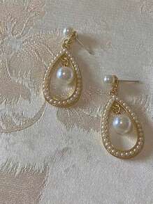 1 對幾何時尚優雅珍珠和水鑽耳環 - 白色 - 查看 3