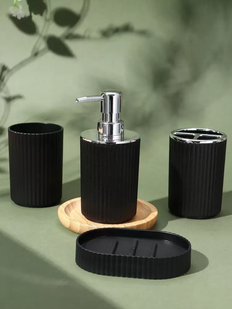 4 件套浴室配件 简单条纹洗手液器、牙刷架、玻璃杯、肥皂盒 返校季 - 彩色 - 查看 1