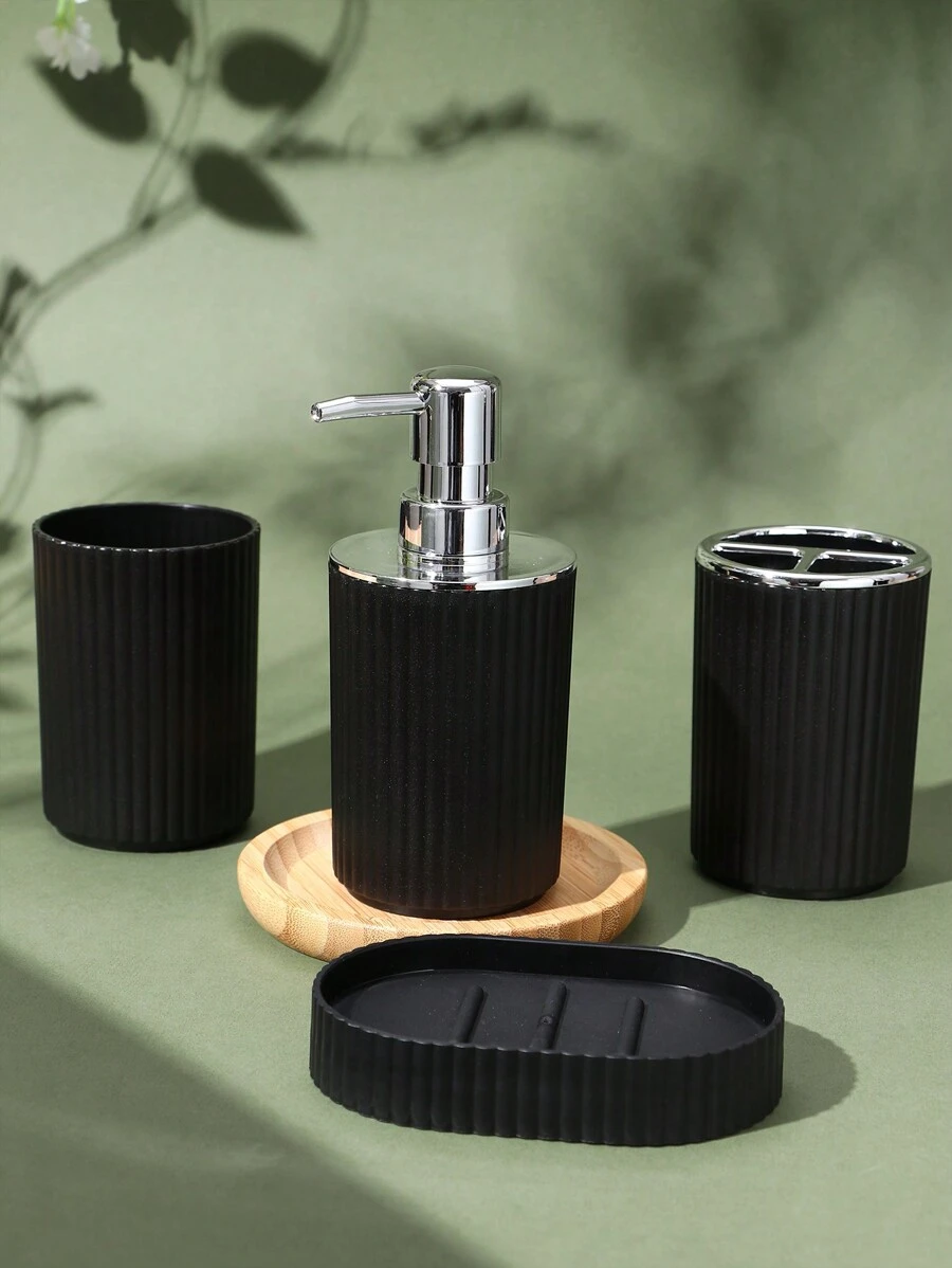 4 件套浴室配件 简单条纹洗手液器、牙刷架、玻璃杯、肥皂盒 返校季 - 彩色 - 查看 1