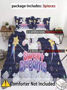 3入組床單套裝 (1*床單套+2*枕套,不含芯),時尚卡通獨角獸印花床上用品套裝,柔軟舒適的床單套,適用於臥室、客房 - 彩色 - 查看 4