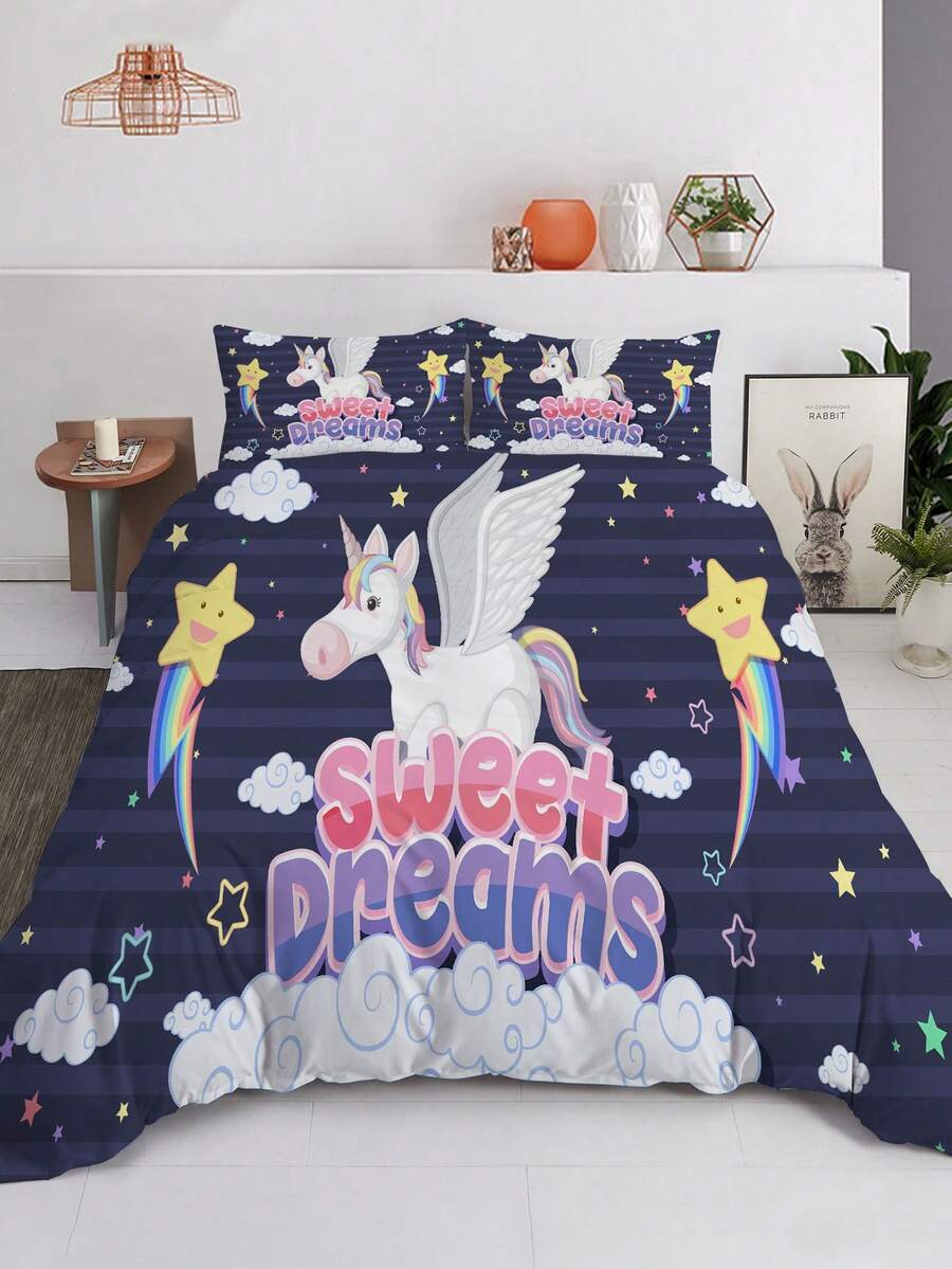 3入組床單套裝 (1*床單套+2*枕套,不含芯),時尚卡通獨角獸印花床上用品套裝,柔軟舒適的床單套,適用於臥室、客房 - 彩色 - 查看 1