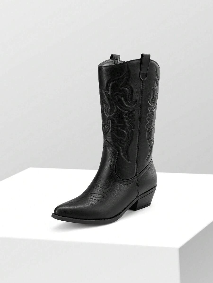 Women'S Cowboy Western Boots Pull On Cowgirl Boots Point Toe Embroidered Detail Chunky Heeled Mid Calf Boots Winter Christmas Valentine's Day Festive Black Boots - màu đen - Xem 1