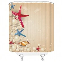 1pc Vacation Style Bathroom Shower Curtain With Soft Pink Seashell, Pearl, Starfish Design And Hooks - Peach - View 3