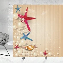 1pc Vacation Style Bathroom Shower Curtain With Soft Pink Seashell, Pearl, Starfish Design And Hooks - Peach - View 1