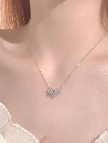 1pc Fashionable & Exquisite Bowknot Heart Pendant Necklace, Suitable For Women's Daily Wear - Silver - View 5