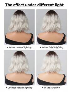 Ombre Golden Short Wavy Curly Wig With Bangs For Lolita Role Play, Pale Platinum Bobcut, Heat-Resistant Synthetic Wig, Suitable For Women's Daily And Party Wear - 彩色 - 查看 9