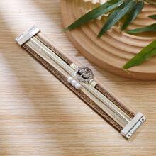 HX Inspirational Women's Multi-Layered Life Tree Design Leather Bracelet With Wide Cuffs & Gift Package - Khaki - View 8