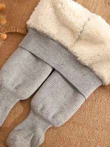 1pc Unisex Kids' Winter Thickened Leggings With Plus Fleece Thick And Solid Color Design, Suitable For Daily Wear - Grey - View 3