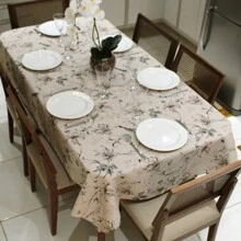 Toalha de Mesa Retangular 6 Lugares Linhão Estampado 2,20m X 1,40m Sala/Jantar - Floral Cinza - Caqui - Visão 1