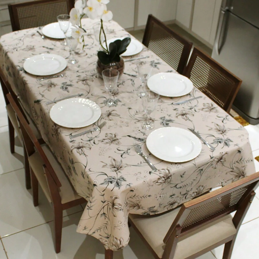 Toalha de Mesa Retangular 6 Lugares Linhão Estampado 2,20m X 1,40m Sala/Jantar - Floral Cinza - Caqui - Visão 1