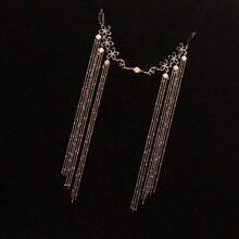 復古手工流蘇髮夾,水滴珠和臉紗飾品,眉毛吊墜,漢服和古風頭飾 - 金色 - 查看 4