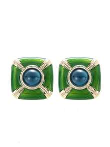 女士搪瓷復古綠色方形金屬耳環,簡約奢華個性化耳環 - 綠色 - 查看 4