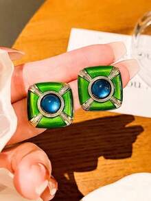 女士搪瓷復古綠色方形金屬耳環,簡約奢華個性化耳環 - 綠色 - 查看 1