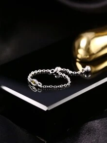 1只s925銀戒指,橢圓形綠色立方氧化鋯鏈式戒指,女性專用,極簡且獨特的設計,適合日常佩戴 - 銀色 - 查看 1