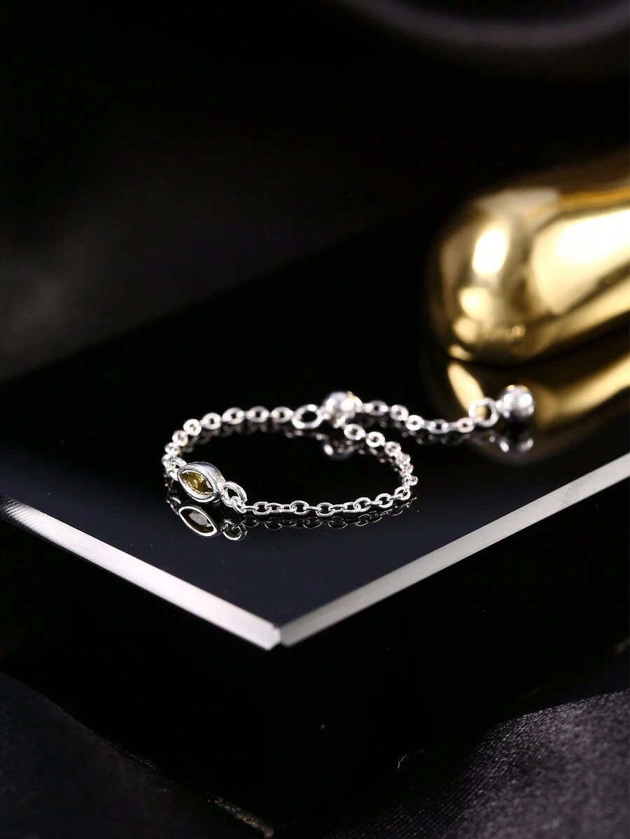 1只s925銀戒指,橢圓形綠色立方氧化鋯鏈式戒指,女性專用,極簡且獨特的設計,適合日常佩戴 - 銀色 - 查看 1