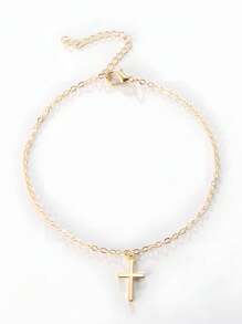 1pc Metallic Alloy Cross Charm Anklet, Fashionable & Simple Foot Chain - Gold - View 4