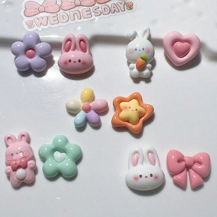 10 件裝混合獨角獸和卡通人物樹脂 Diy 兒童首飾配件、奶油膠手機殼、髮夾、磁鐵材料 - 愛心花兔 - 查看 1