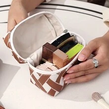 1入組小型針織化妝收納袋,條紋圖案,迷你手提袋,校園風格,便攜式化妝包旅行組織器 - 咖啡棕 - 查看 5