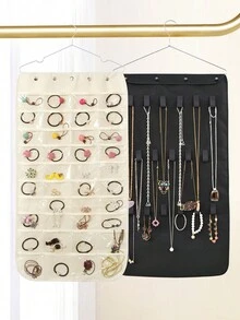 Double Sided Jewelry Storage Hanging Bag, Dustproof Storage For Name Cards Membership Cards Watches, 40 Grids On The Front, 20 Magic Stickers On The Back, Transparent Wall-Mounted Accessory Storage Bag With Large Capacity - Black - View 1