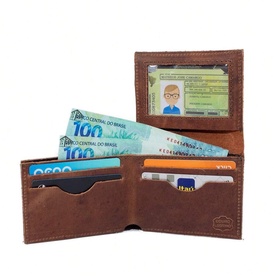 Carteira Masculina Porta Cartão Em Couro Formato Em L Envio Imediato - Café - Visão 1