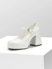 Women High Chunky Platform Closed Toe Block Heels Square Toe Strappy Dress Prom Wedding Party Pumps Shoes - 白色 - 查看 2