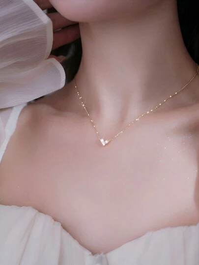 ELSEDES 1入組精美方晶鋯石愛心掛飾純銀項鍊適合女士日常裝飾