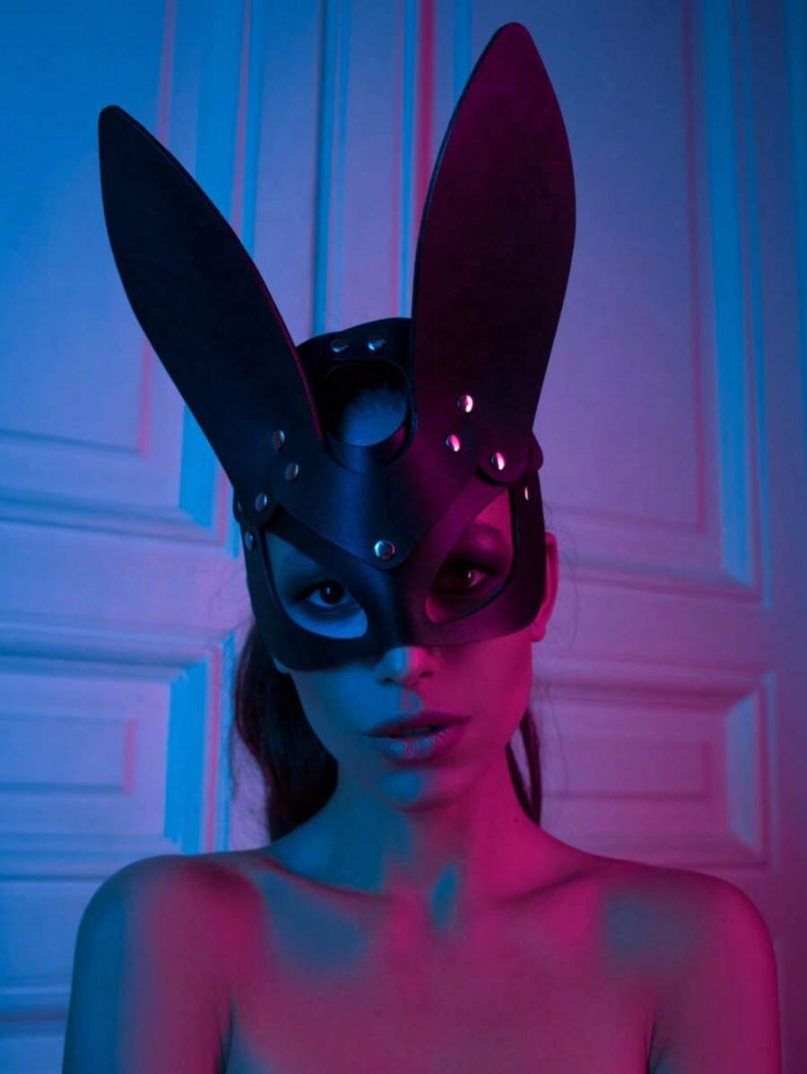 1pc Black Sexy Rabbit Ear Eye Mask, Leather Bondage Fetish Mask For Bunny Costumes - Black - View 1