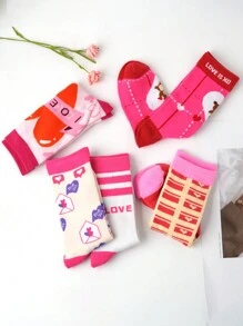 5對/組時尚粉色中筒襪,適用於女孩