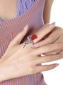 Rose Open Ring Female Fashion High-End Index Finger Ring Sweet Cool Elegant Adjustable Hand Jewelry Valentine's Day Gift - Red - View 2
