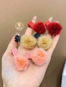 6pcs Children's Hair Accessories Cute Colored Pom Pom Trimmed Alligator Hair Clips - Multicolor - View 1