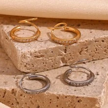 2對組時尚極簡不鏽鋼螺旋及鑽石釦式耳環 - 金色 - 查看 7