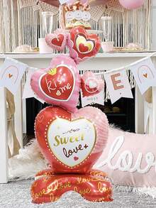 1pc Stand Heart To Heart Shaped Foil Balloon Base For Wedding, Valentine'S Day, Party Scene Decoration - Red and White - View 3