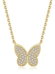 1條s925純銀全鑲蝴蝶吊墜項鍊,適合女性日常穿搭、約會或派對活動 - 金黃色 - 查看 7