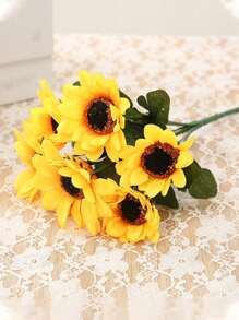 1pc Seven-Headed Sunflower & Chamomile Simulated Bouquet - Yellow - View 1